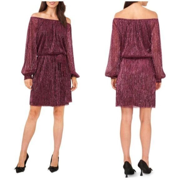 New Halogen Off-The-Shoulder Burgundy Metallic Dress With Puff Sleeves Size M - Picture 1 of 9